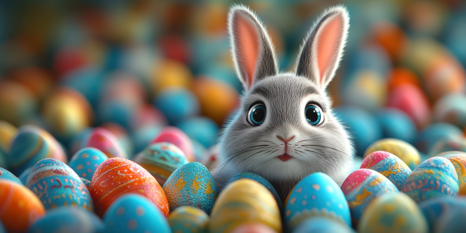Cute gray bunny surrounded by colorful Easter eggs in a vibrant spring setting